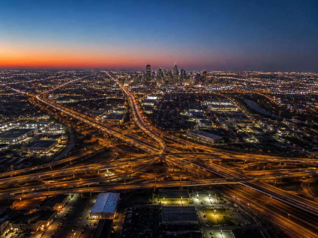 Aerial view of Greater Houston freeways, beltways and downtown skyline at dusk